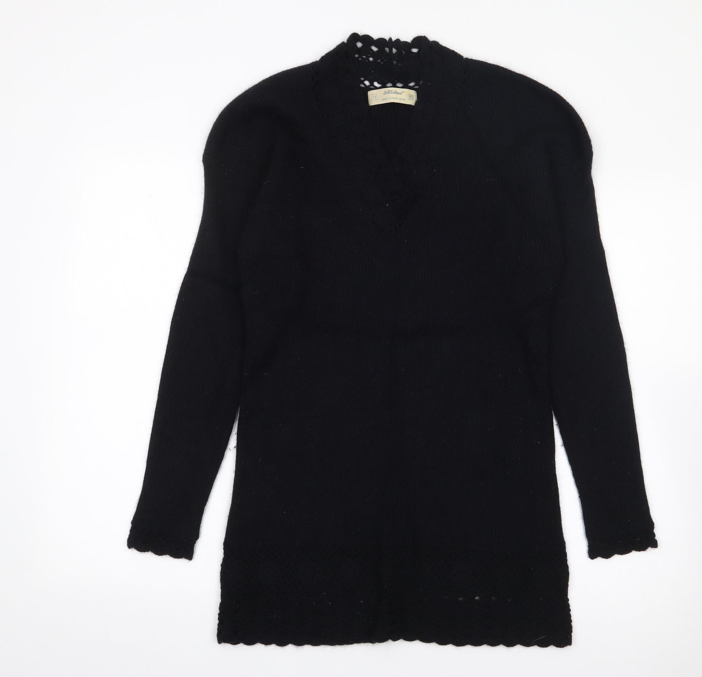 St Micheal Womens Black V-Neck  Wool Tunic Jumper Size 12   - Lambswool