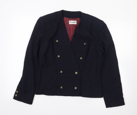 Front view of Planet women’s blue jacket blazer, size S, button