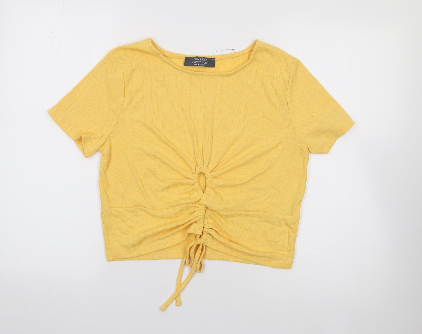 Primark Womens Yellow  Polyester Cropped T-Shirt Size L Round Neck