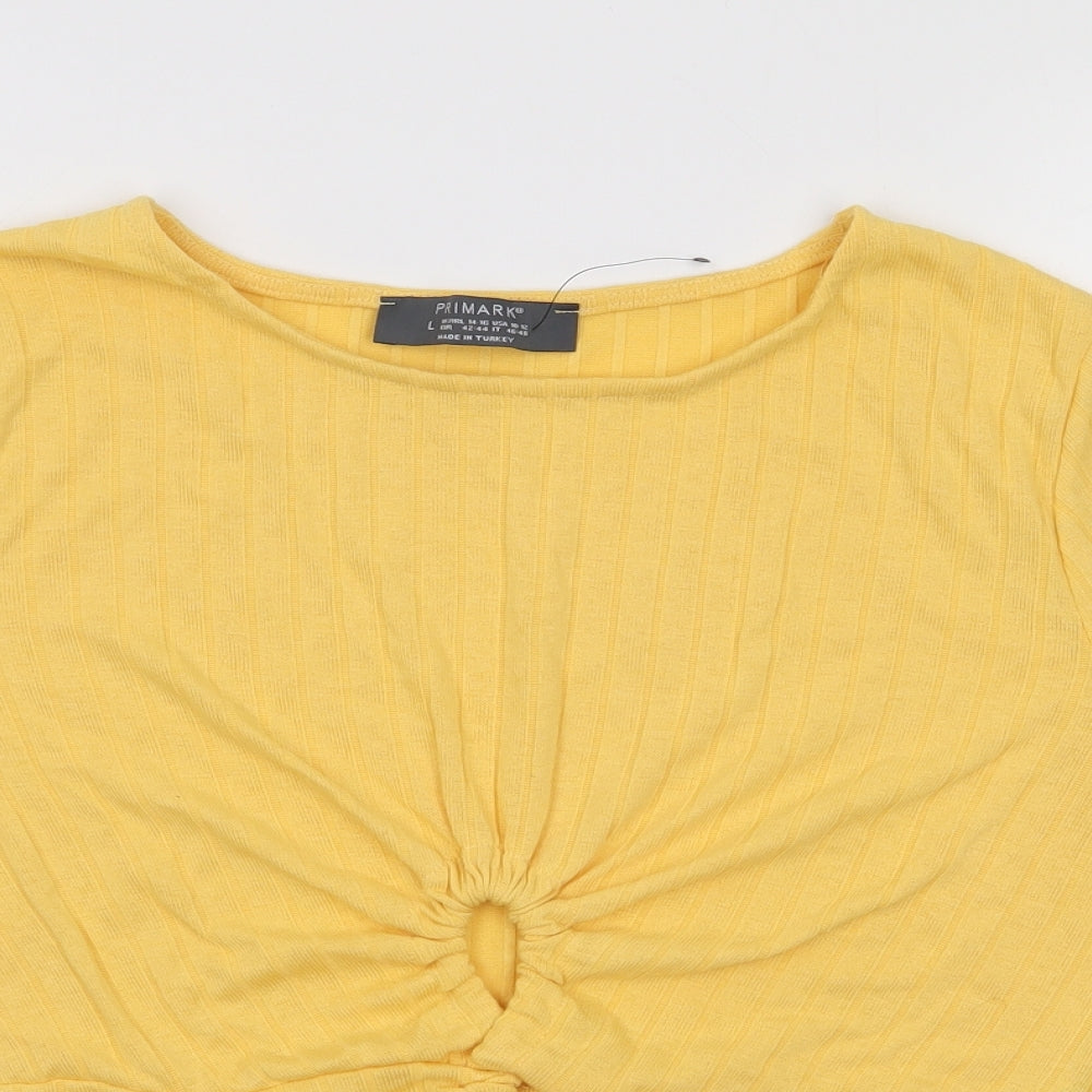 Primark Womens Yellow  Polyester Cropped T-Shirt Size L Round Neck