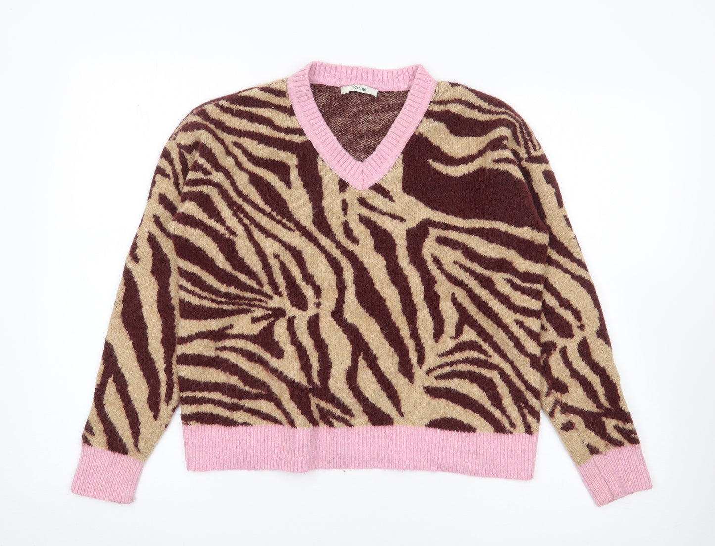 George Womens Multicoloured V-Neck Animal Print Acrylic Pullover Jumper Size M