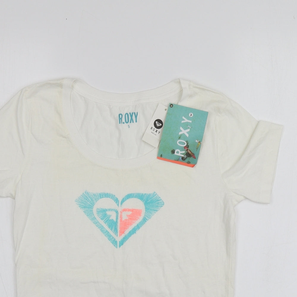 ROXY Womens White Geometric 100% Cotton Basic T-Shirt Size S Round Neck