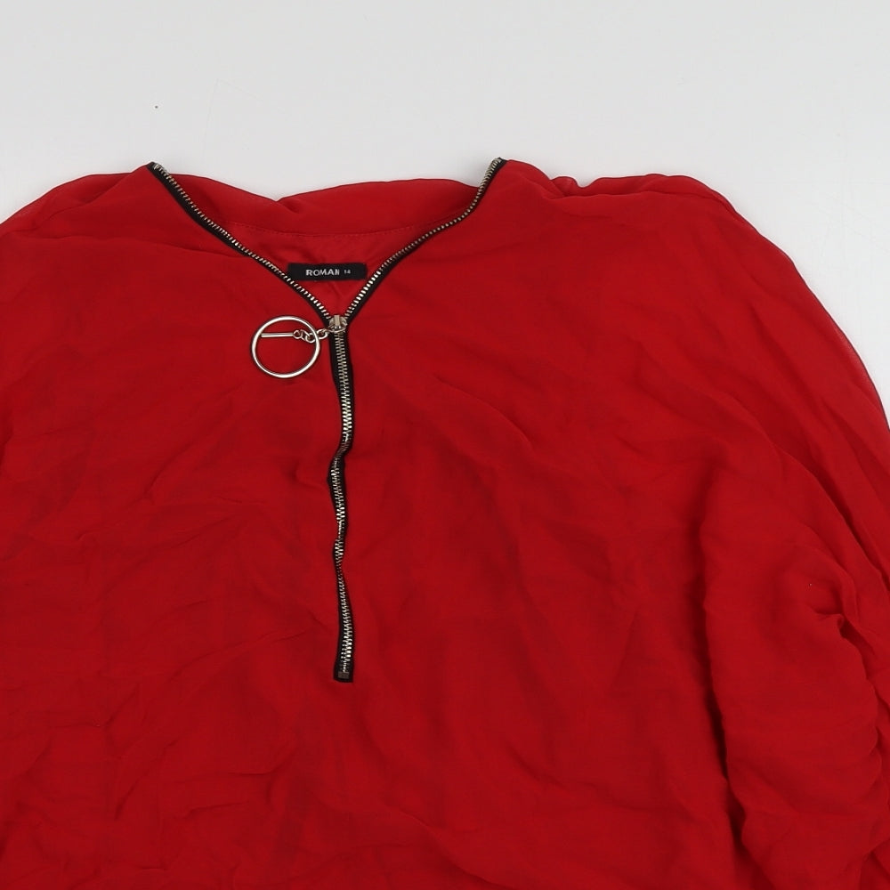 Roman Womens Red  Polyester Basic Blouse Size 14 Collared