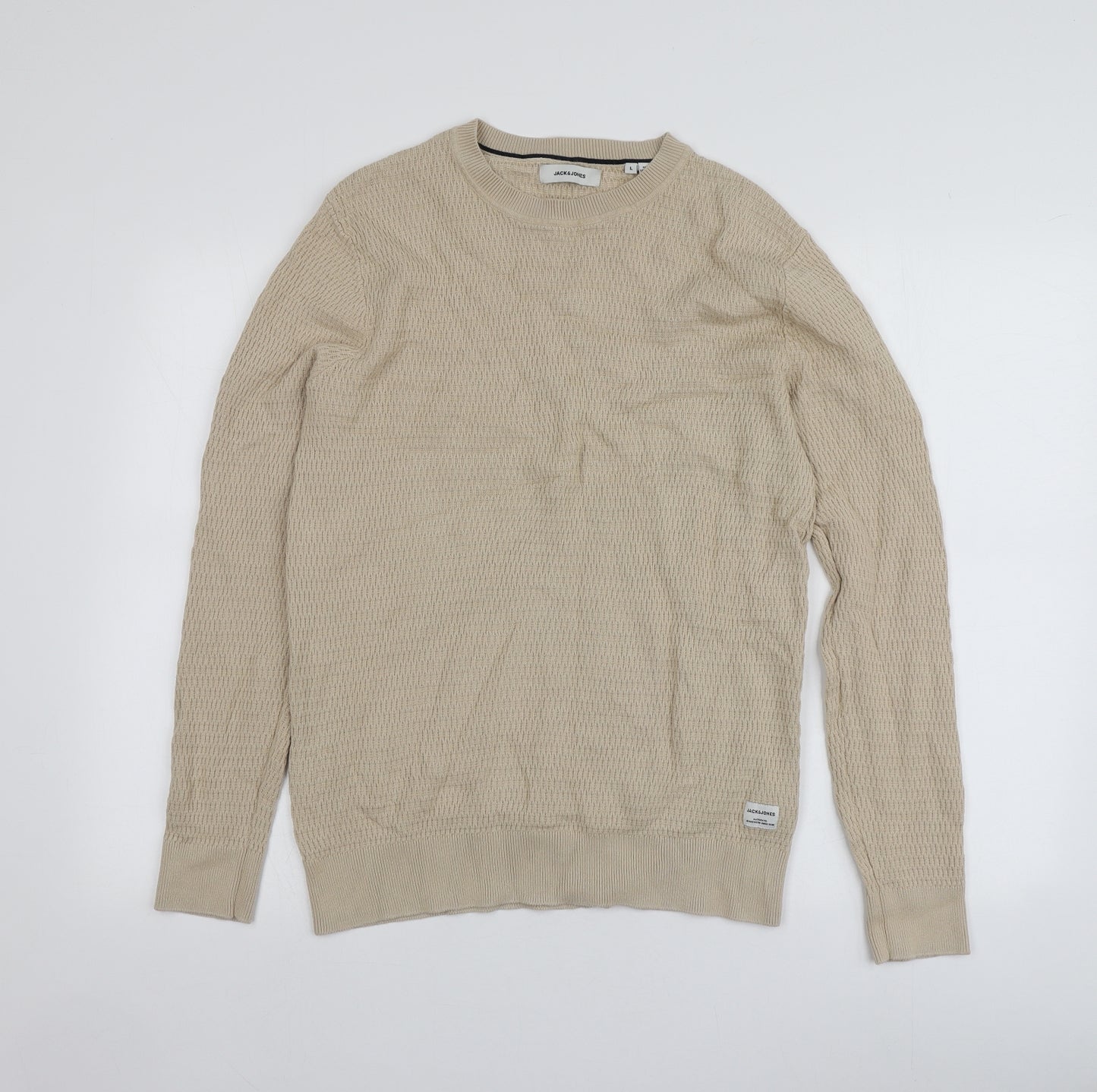 Jack Jones Mens Beige Round Neck  Cotton Pullover Jumper Size L