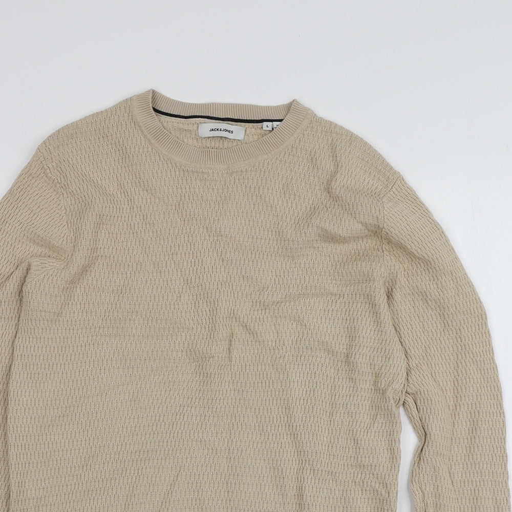Jack Jones Mens Beige Round Neck  Cotton Pullover Jumper Size L