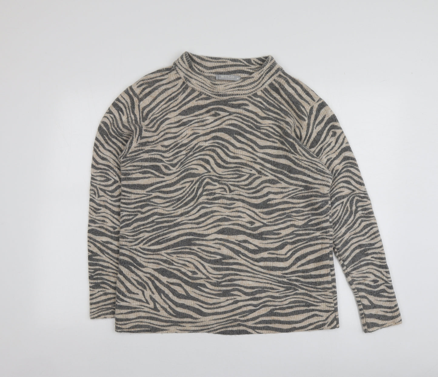 Betty&Co Womens Beige Round Neck Animal Print Acrylic Pullover Jumper Size 38