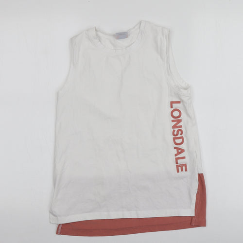 Lonsdale Girls White Geometric 100% Cotton Basic T-Shirt Size 13 Years Round Neck