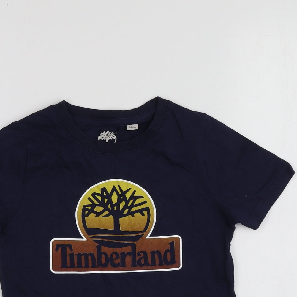 Timberland Boys Blue Geometric 100% Cotton Basic T-Shirt Size 6 Years Round Neck