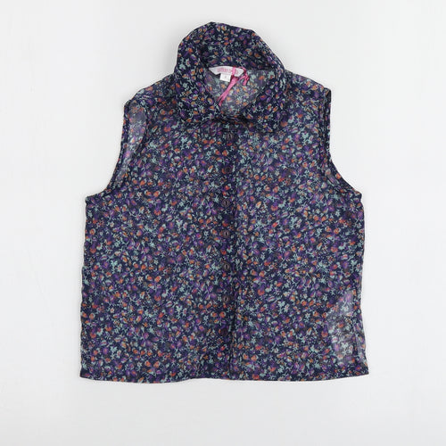 Miss Evie Girls Blue Floral Polyester Basic Button-Up Size 8 Years Collared