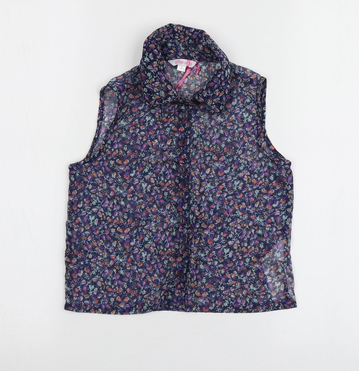 Miss Evie Girls Blue Floral Polyester Basic Button-Up Size 8 Years Collared