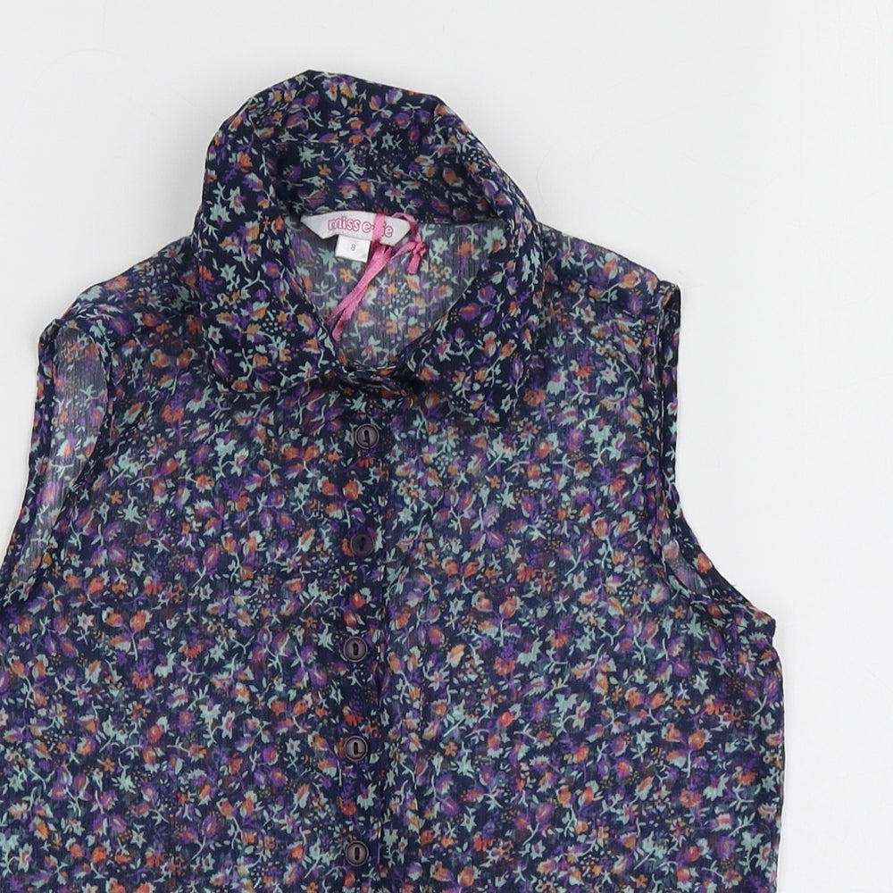 Miss Evie Girls Blue Floral Polyester Basic Button-Up Size 8 Years Collared