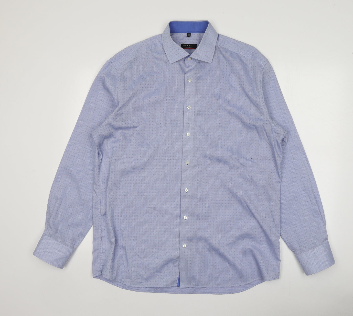 Eterna Mens Blue Geometric Cotton  Button-Up Size 43 Collared