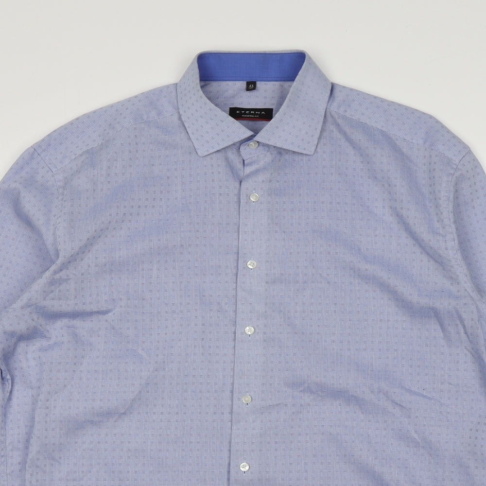 Eterna Mens Blue Geometric Cotton  Button-Up Size 43 Collared