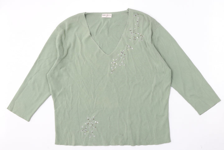 Bonmarché Womens Green V-Neck Viscose Pullover Jumper Size M