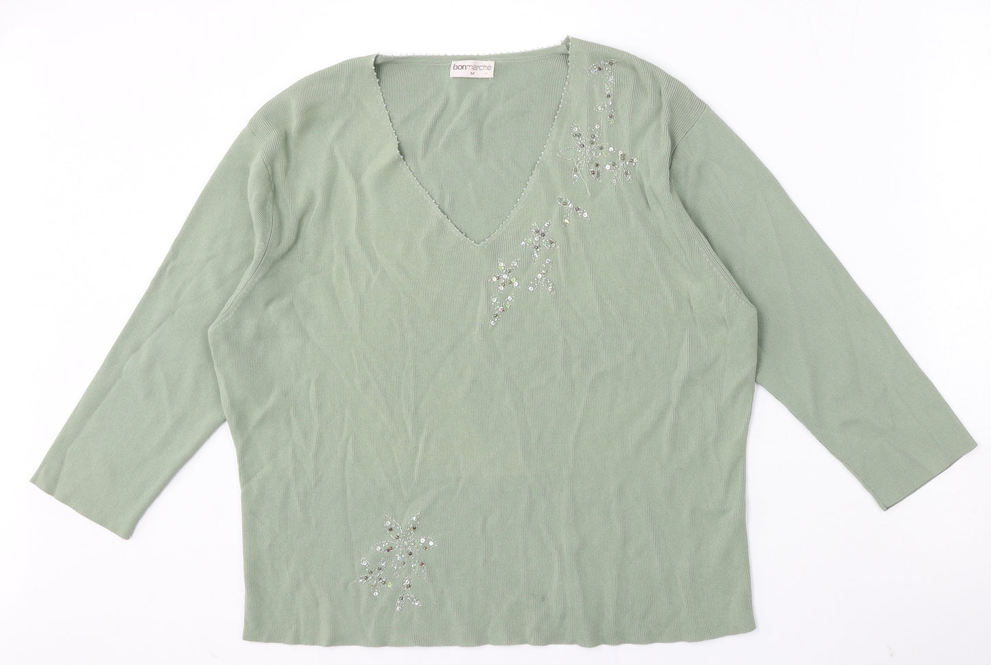 Bonmarché Womens Green V-Neck  Viscose Pullover Jumper Size M