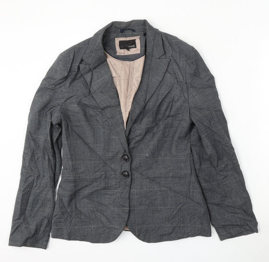 Front view of NEXT women’s grey check polyester jacket suit, size UK 12