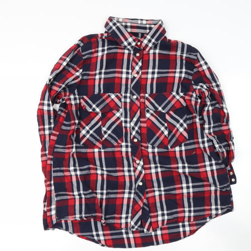 Zara Womens Red Check Cotton Basic Button-Up Size XL Collared
