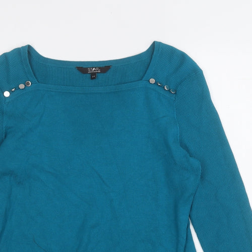 Star Womens Blue Square Neck  Viscose Pullover Jumper Size 14
