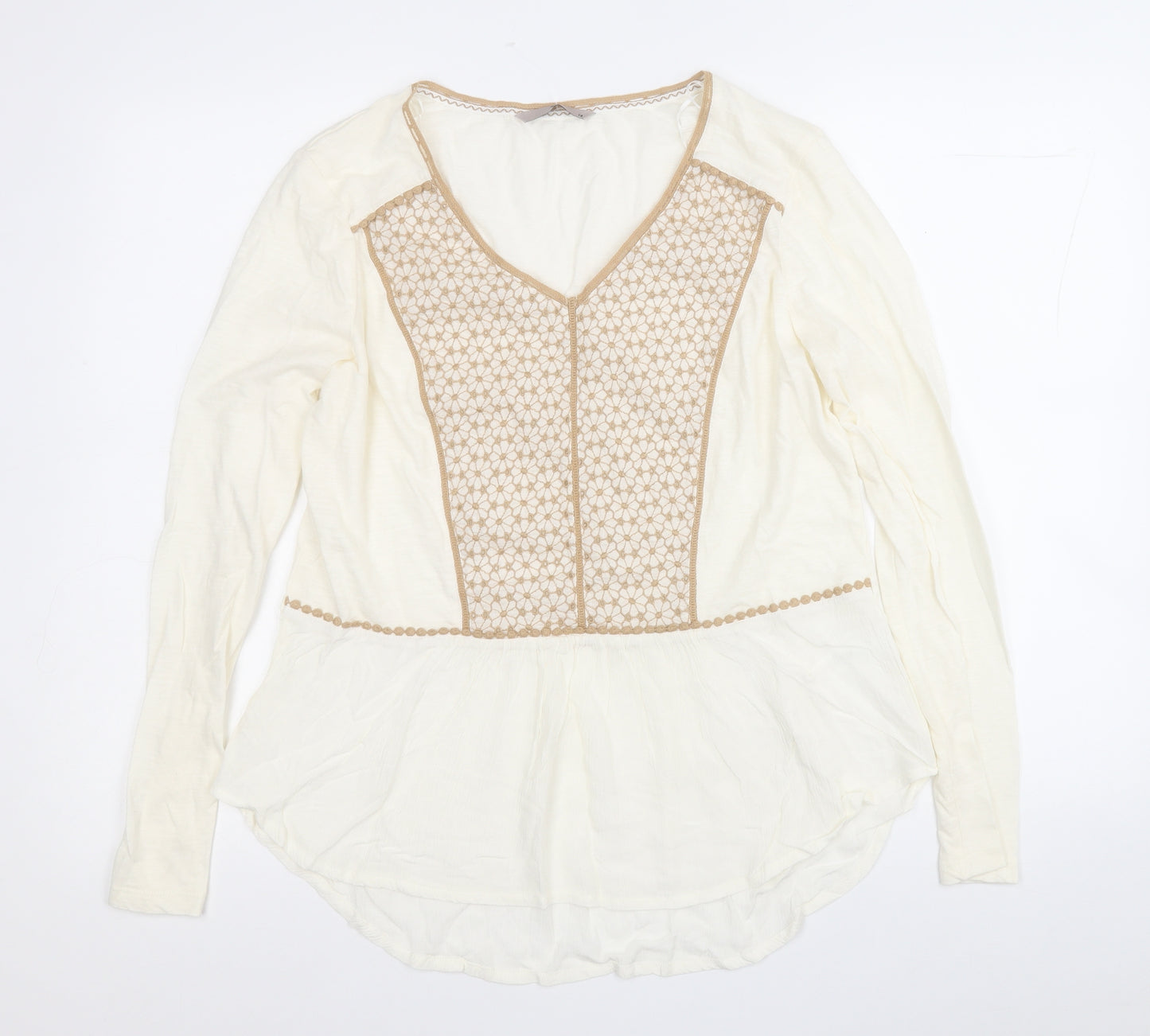 TU Womens Yellow V-Neck Floral Cotton Pullover Jumper Size 14