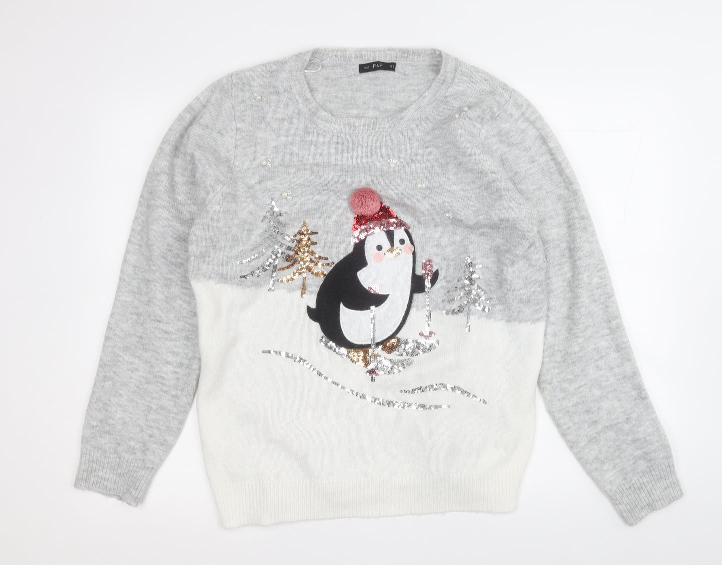 F&F Womens Grey Round Neck  Polyester Pullover Jumper Size 16   - Christmas Jumper Penguin