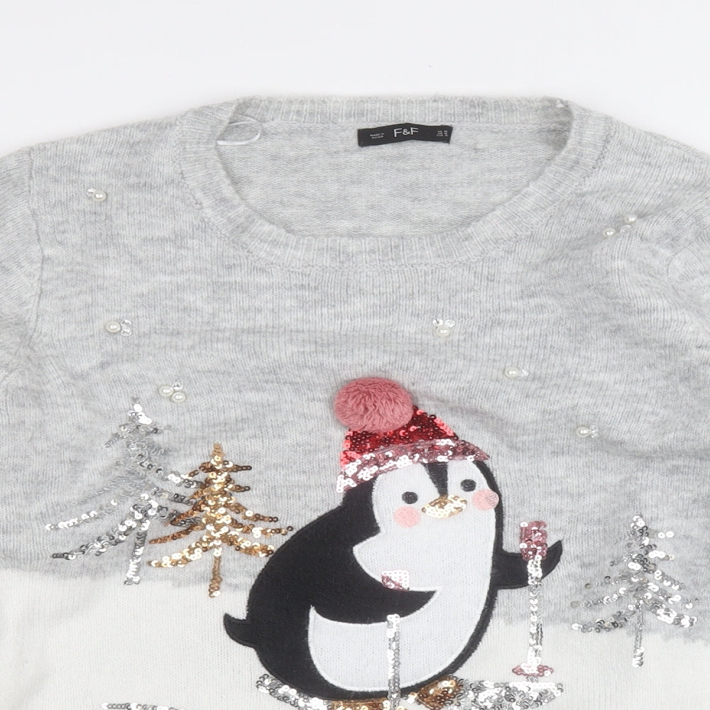 F&F Womens Grey Round Neck  Polyester Pullover Jumper Size 16   - Christmas Jumper Penguin