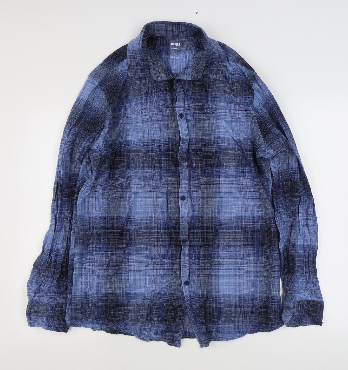 Dunnes Stores Mens Blue Plaid Cotton  Button-Up Size L Collared Button