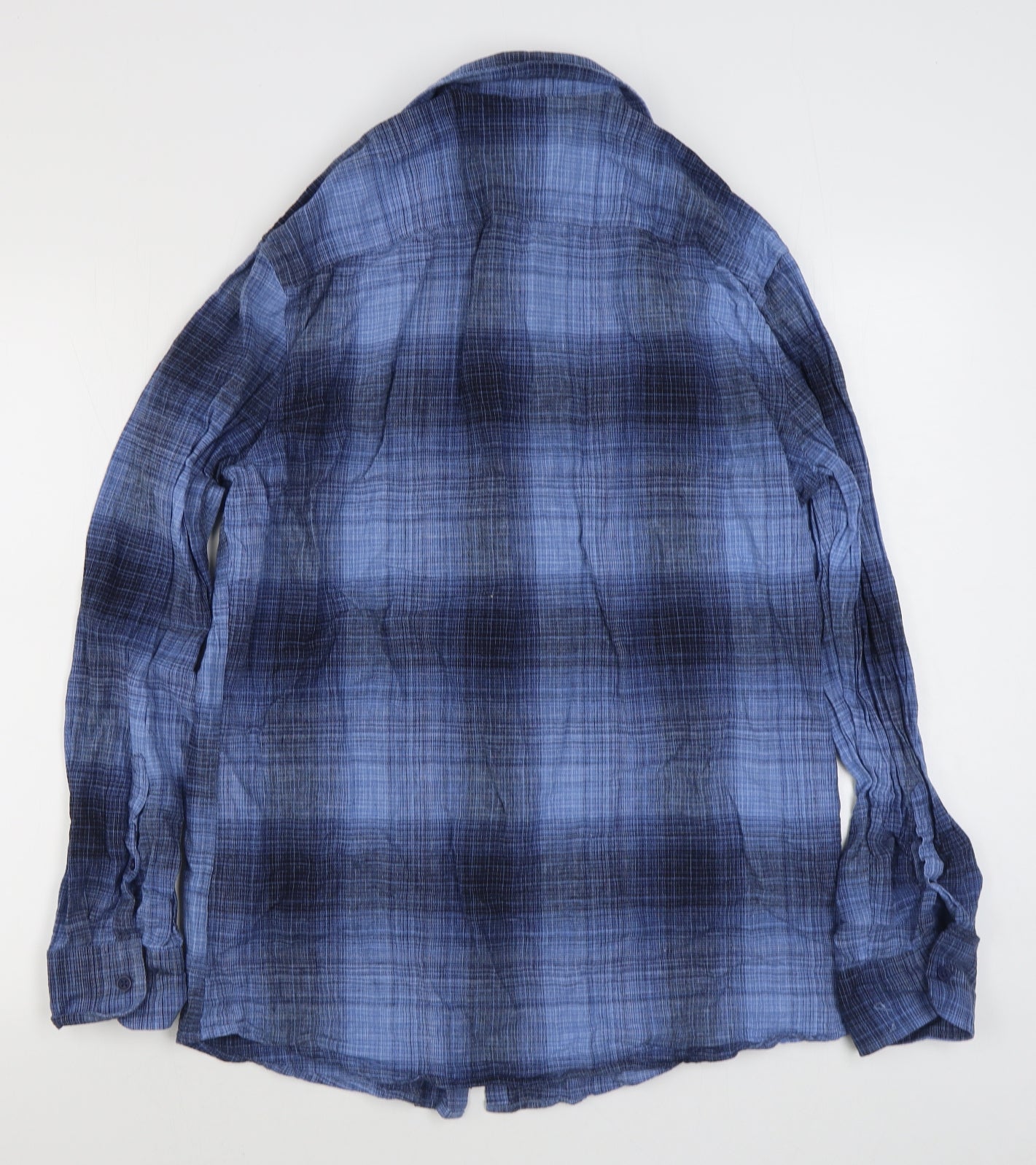 Dunnes Stores Mens Blue Plaid Cotton  Button-Up Size L Collared Button