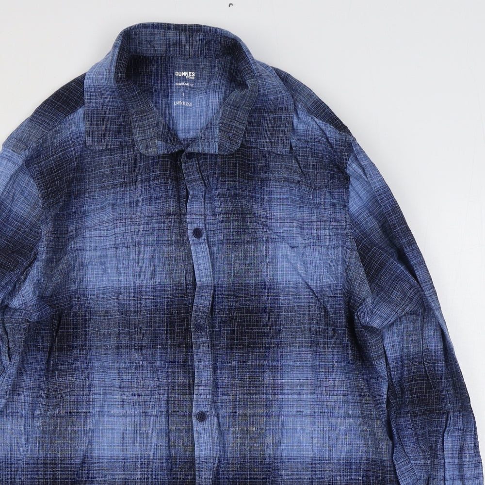 Dunnes Stores Mens Blue Plaid Cotton  Button-Up Size L Collared Button