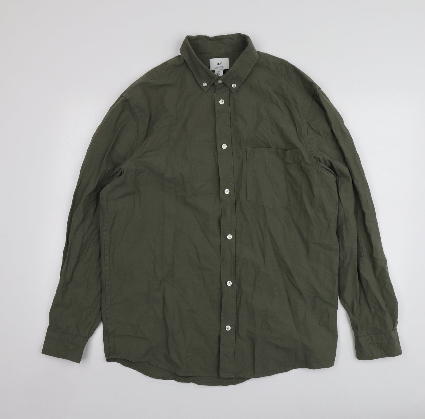 H&M Mens Green  Cotton  Button-Up Size L Collared