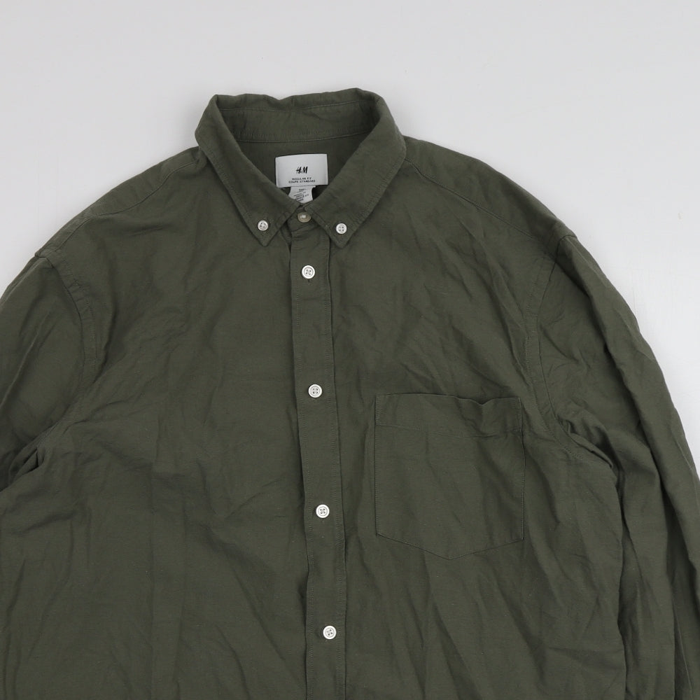H&M Mens Green  Cotton  Button-Up Size L Collared