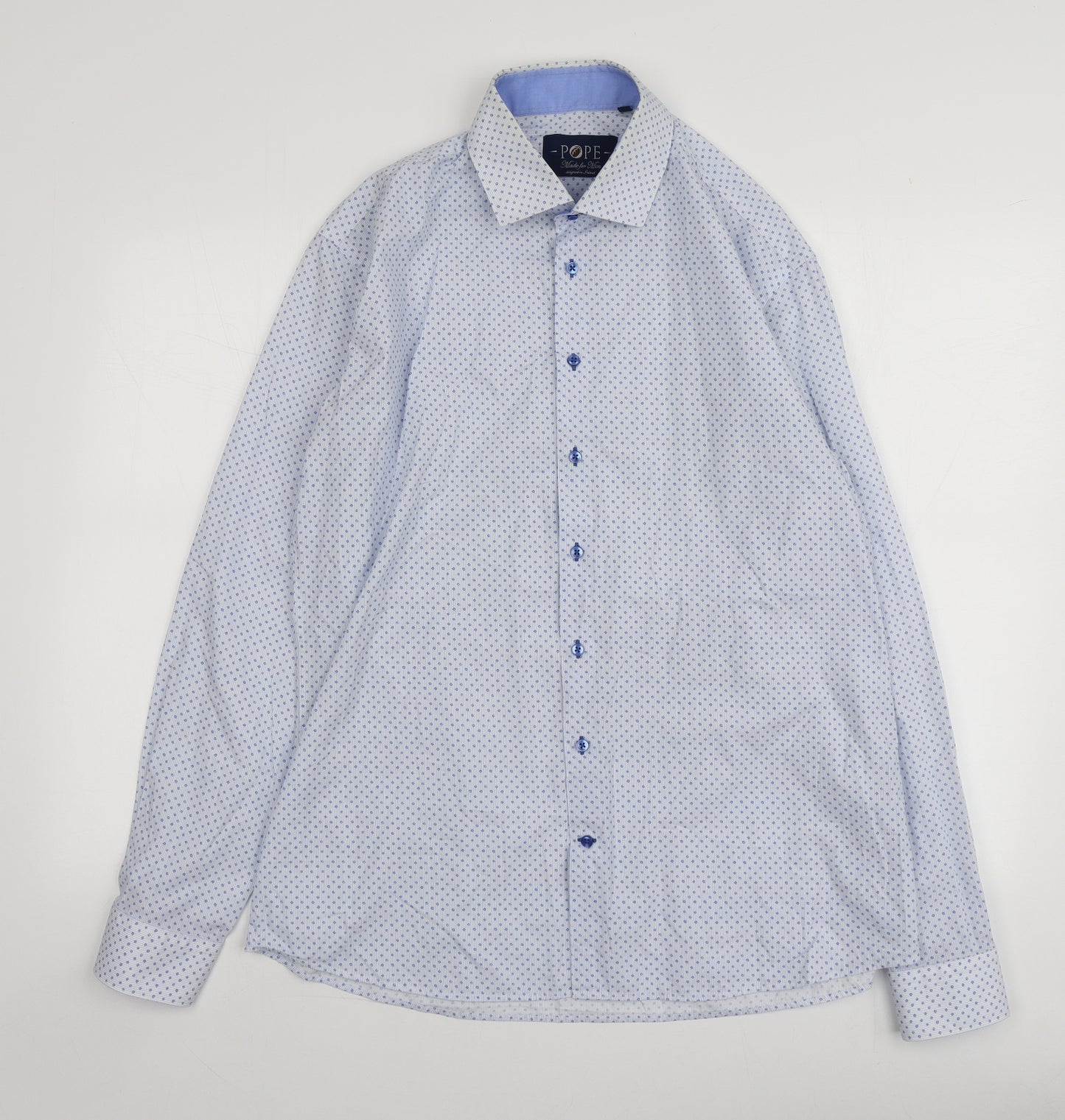Pope Mens Blue Geometric Cotton  Button-Up Size XL Collared