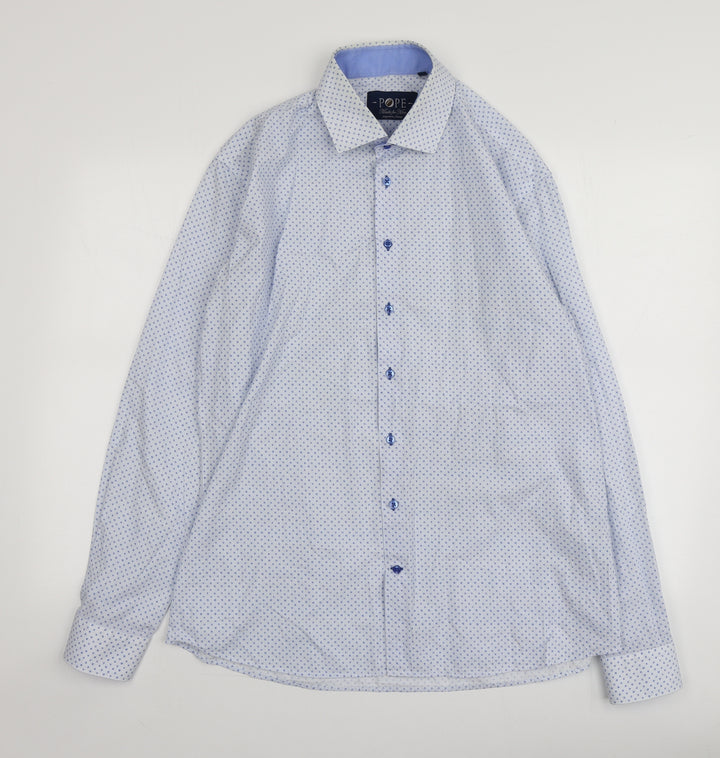 Pope Mens Blue Geometric Cotton  Button-Up Size XL Collared