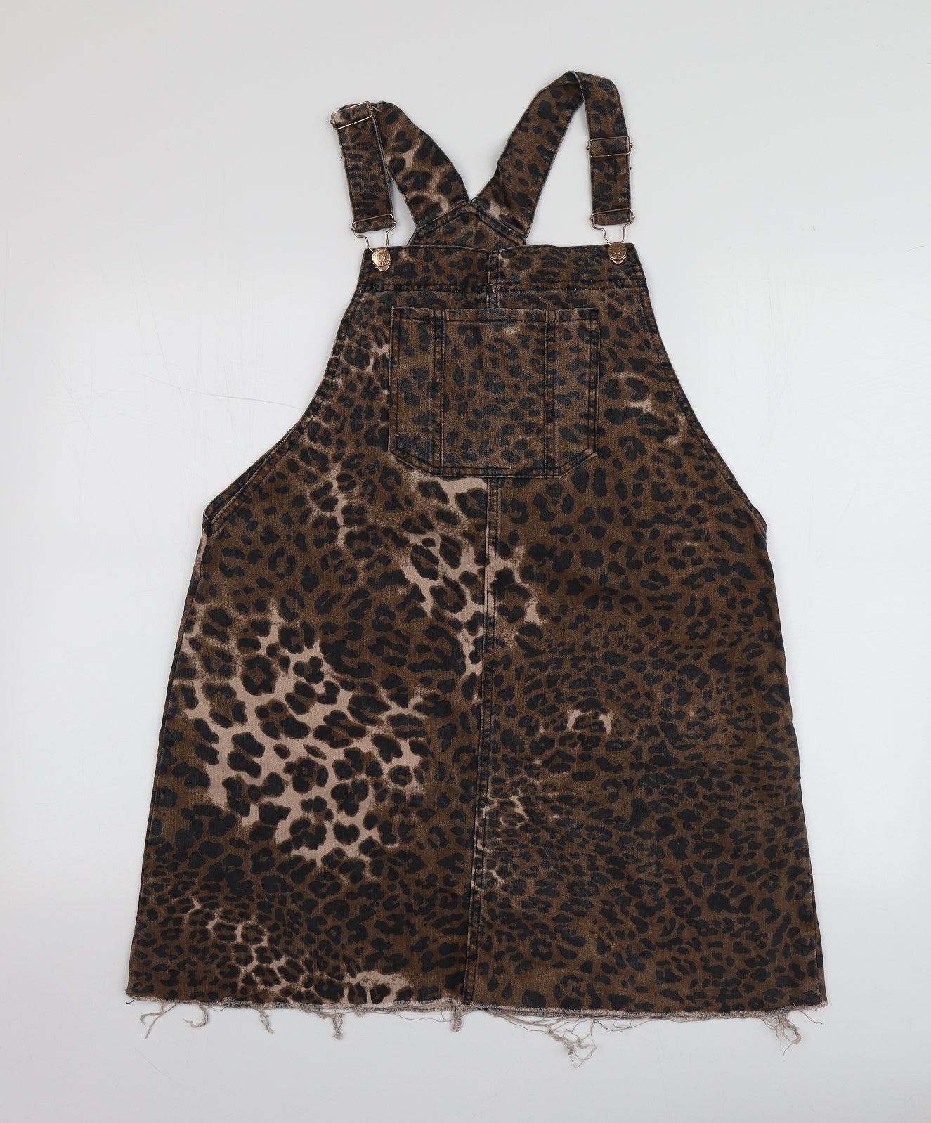 River Island Womens Brown Animal Print Cotton Pinafore/Dungaree Dress  Size 14  Square Neck