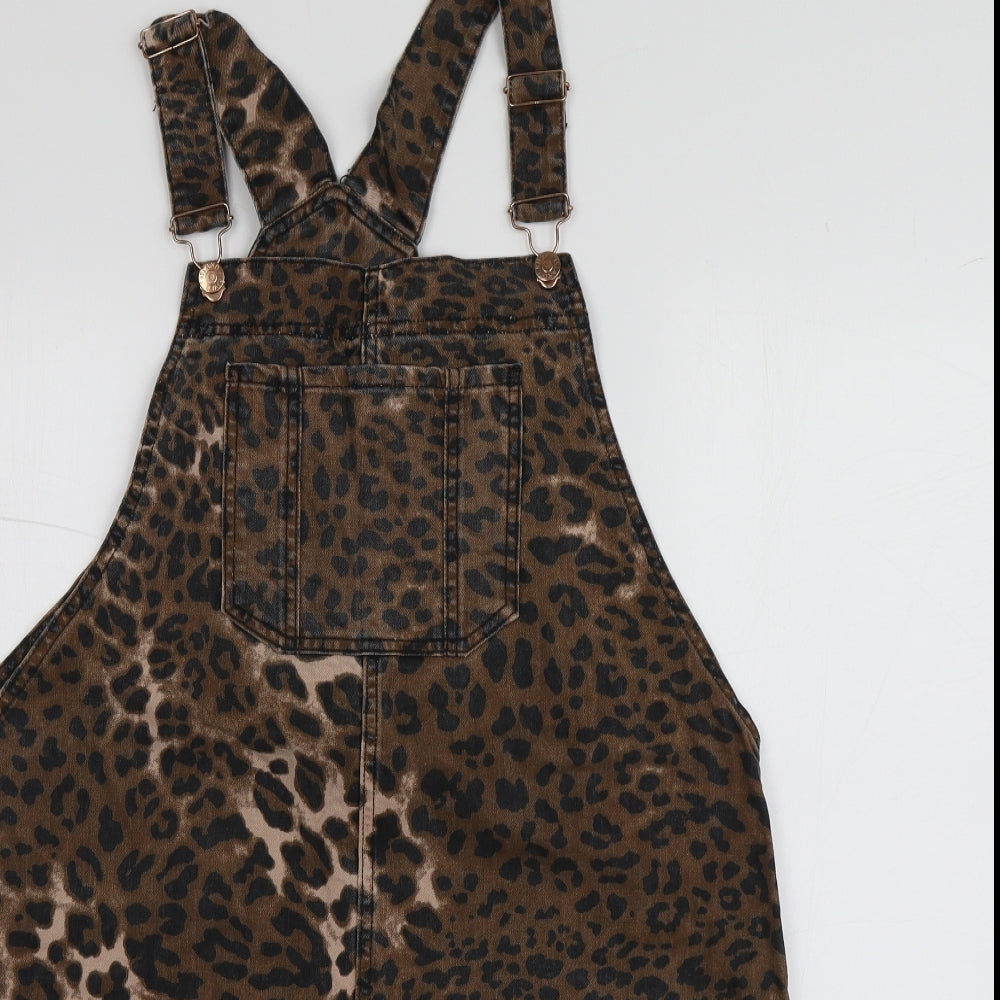 River Island Womens Brown Animal Print Cotton Pinafore/Dungaree Dress  Size 14  Square Neck