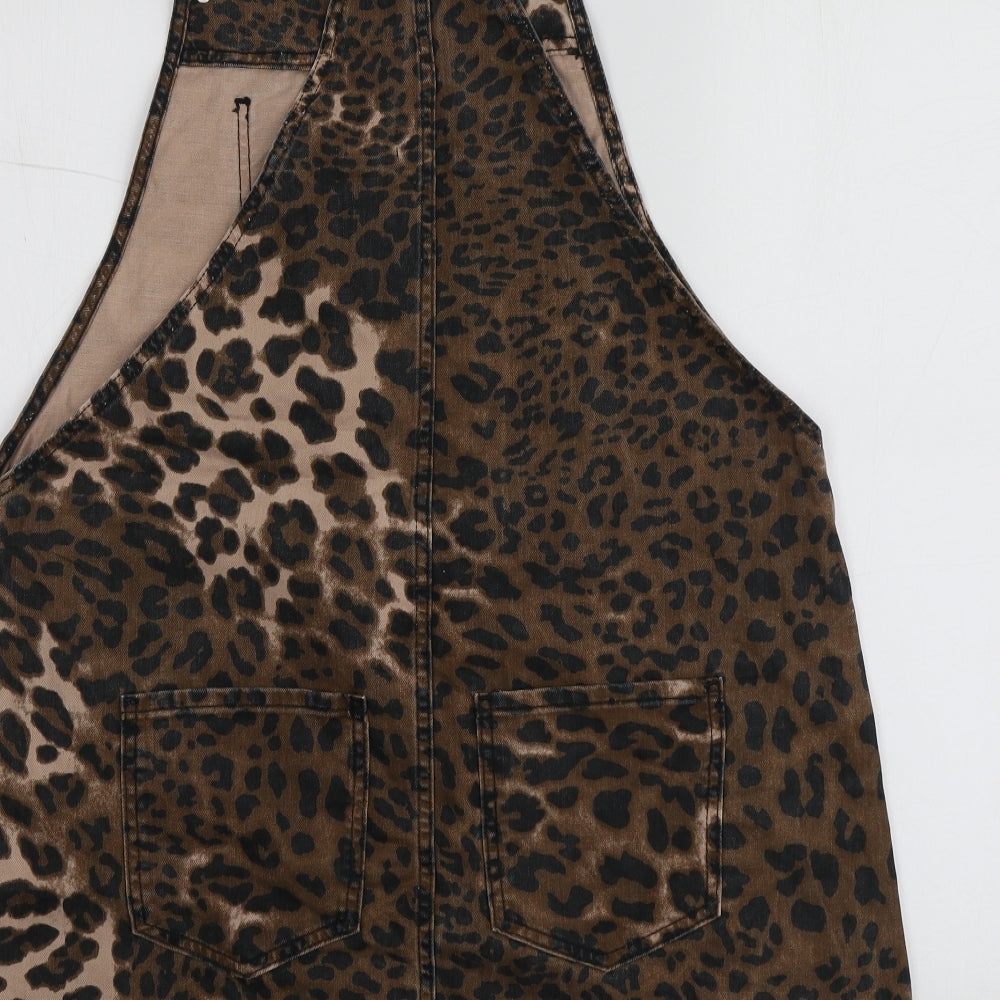 River Island Womens Brown Animal Print Cotton Pinafore/Dungaree Dress  Size 14  Square Neck