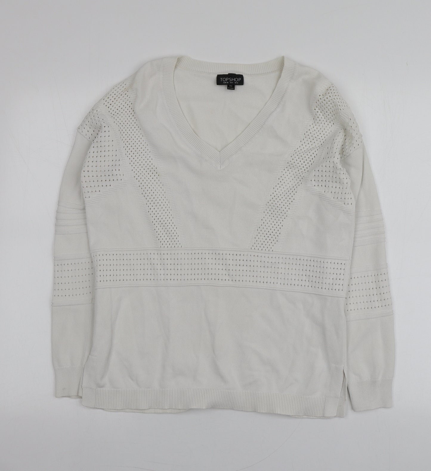 Topshop Womens White V-Neck  Viscose Pullover Jumper Size 8