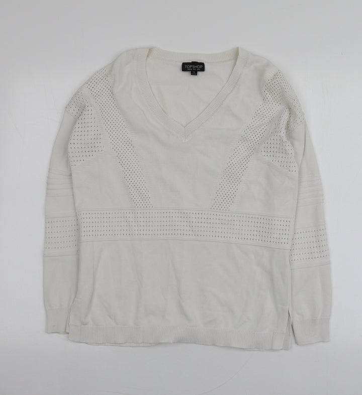 Topshop Womens White V-Neck  Viscose Pullover Jumper Size 8