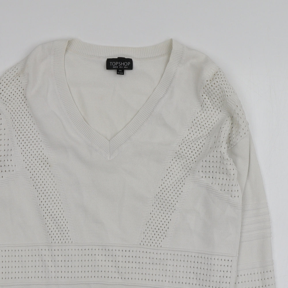 Topshop Womens White V-Neck  Viscose Pullover Jumper Size 8