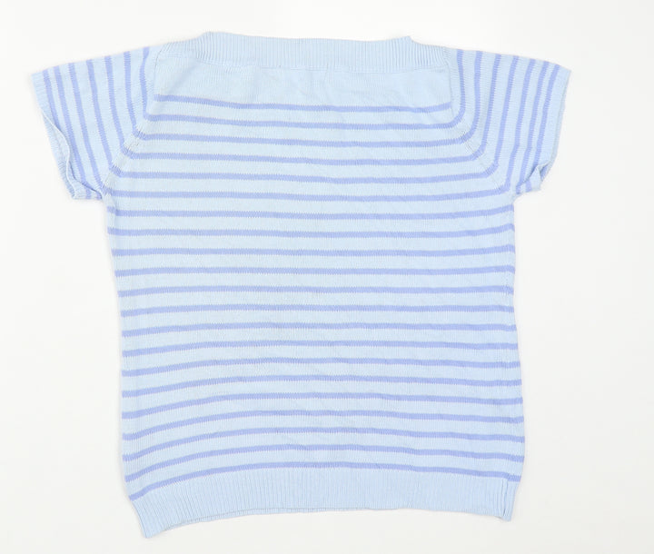 EWM Womens Blue Square Neck Striped Cotton Pullover Jumper Size M