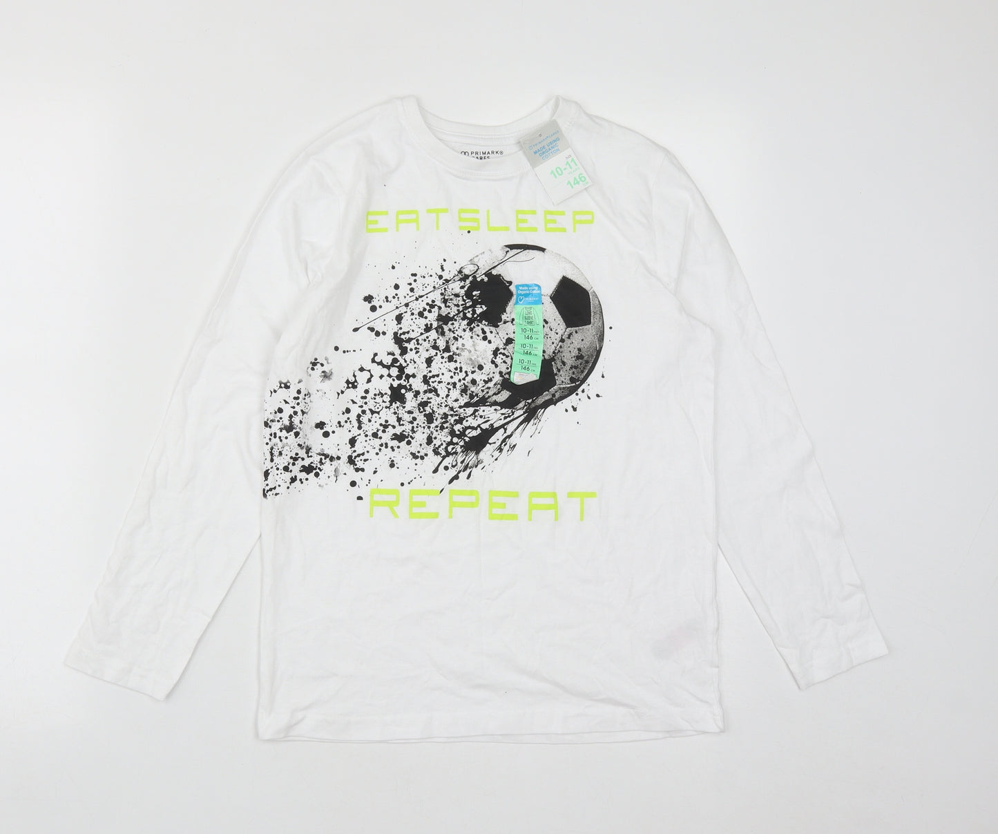 Primark Boys White  Cotton Basic Casual Size 10-11 Years Round Neck  - Football