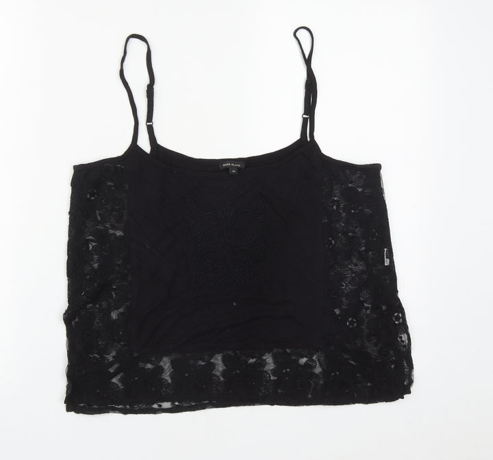 River Island Womens Black Cotton Cropped Tank Size 10 Scoop Neck