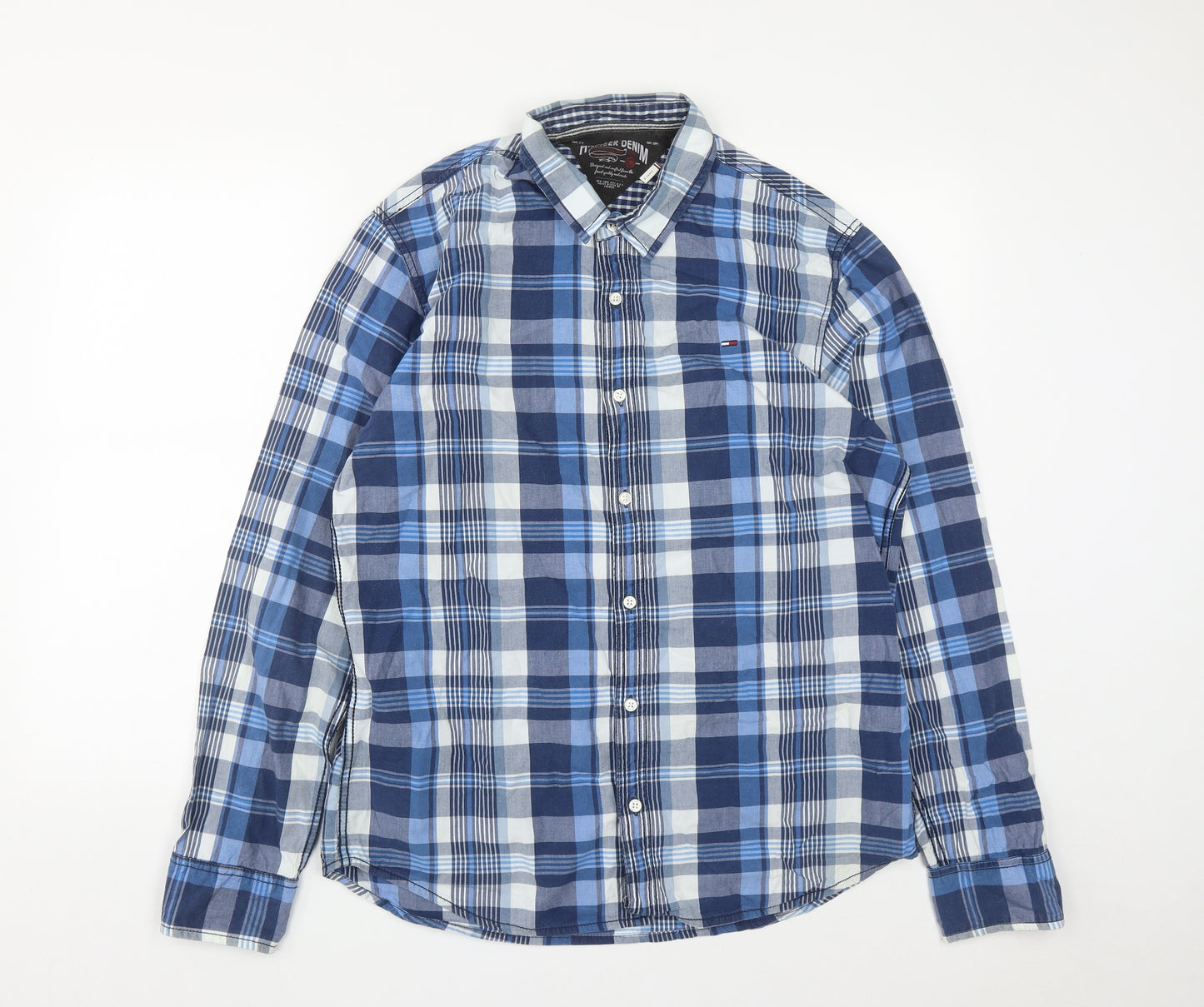 Tommy Hilfiger Mens Blue Plaid Cotton  Button-Up Size XL Collared Button