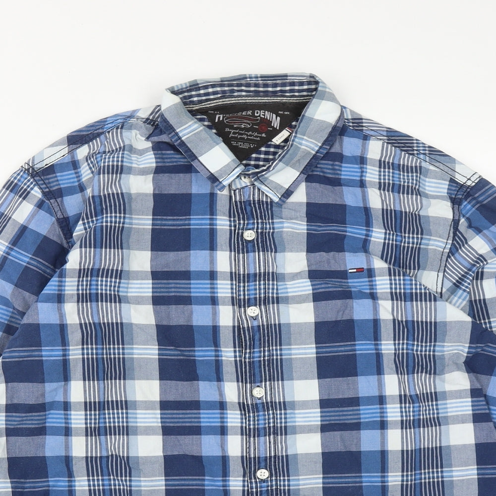Tommy Hilfiger Mens Blue Plaid Cotton  Button-Up Size XL Collared Button