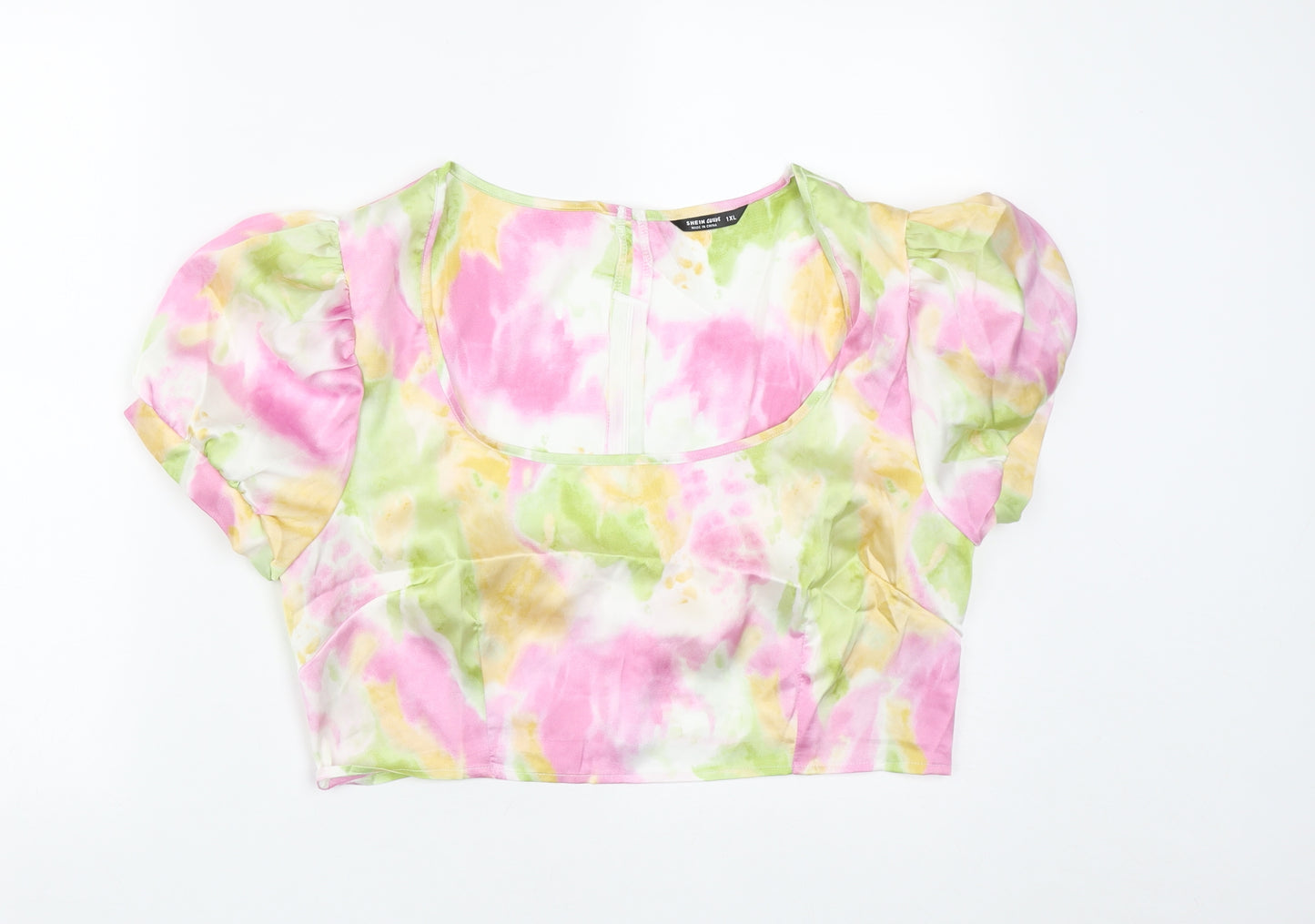 SheIn Womens Multicoloured Geometric Polyester Cropped Blouse Size XL Round Neck