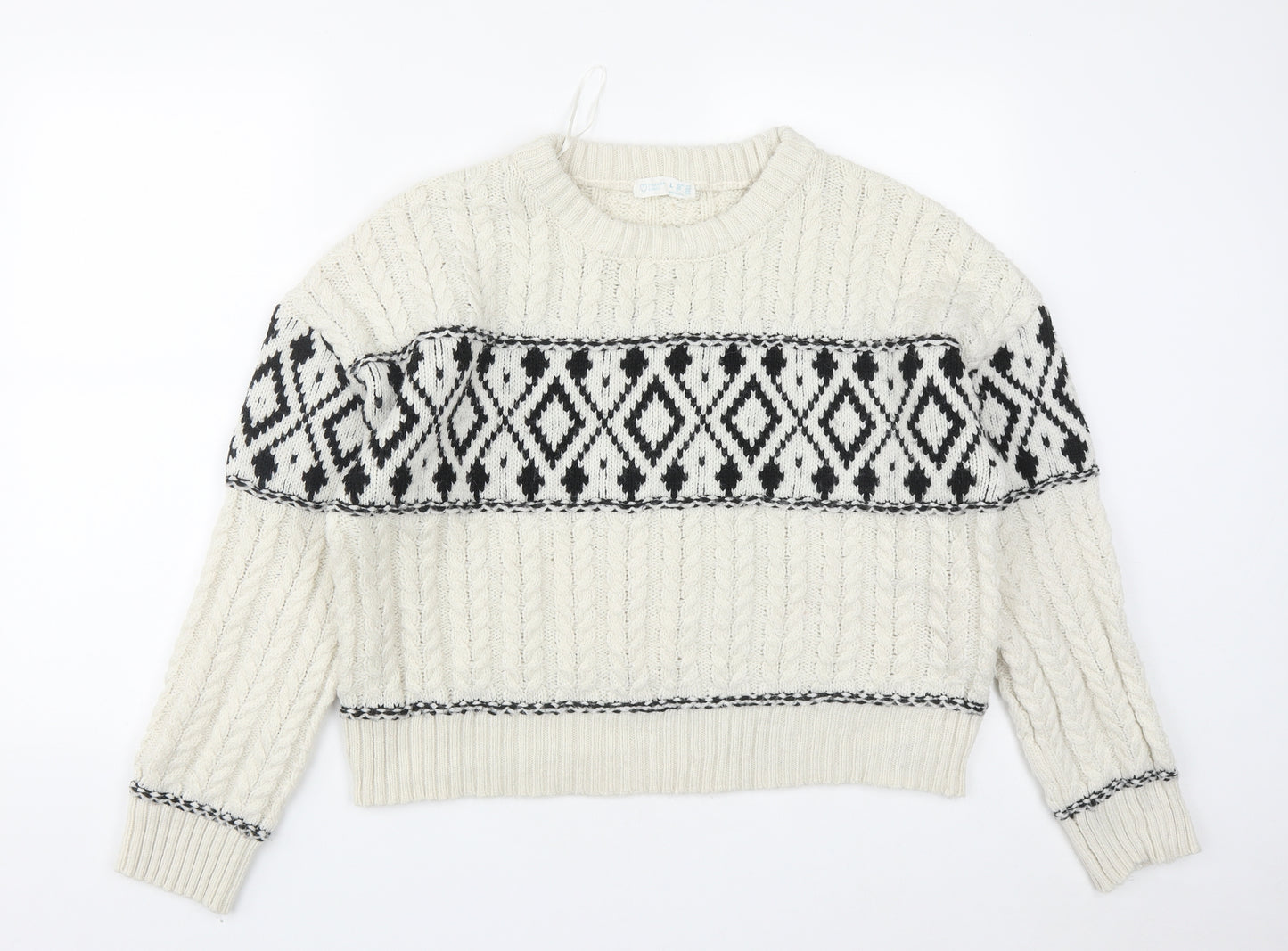 Primark Womens White Round Neck Geometric Polyester Pullover Jumper Size L