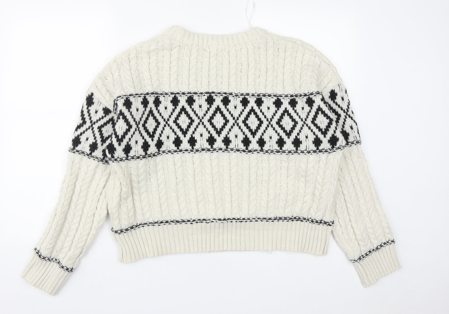 Primark Womens White Round Neck Geometric Polyester Pullover Jumper Size L