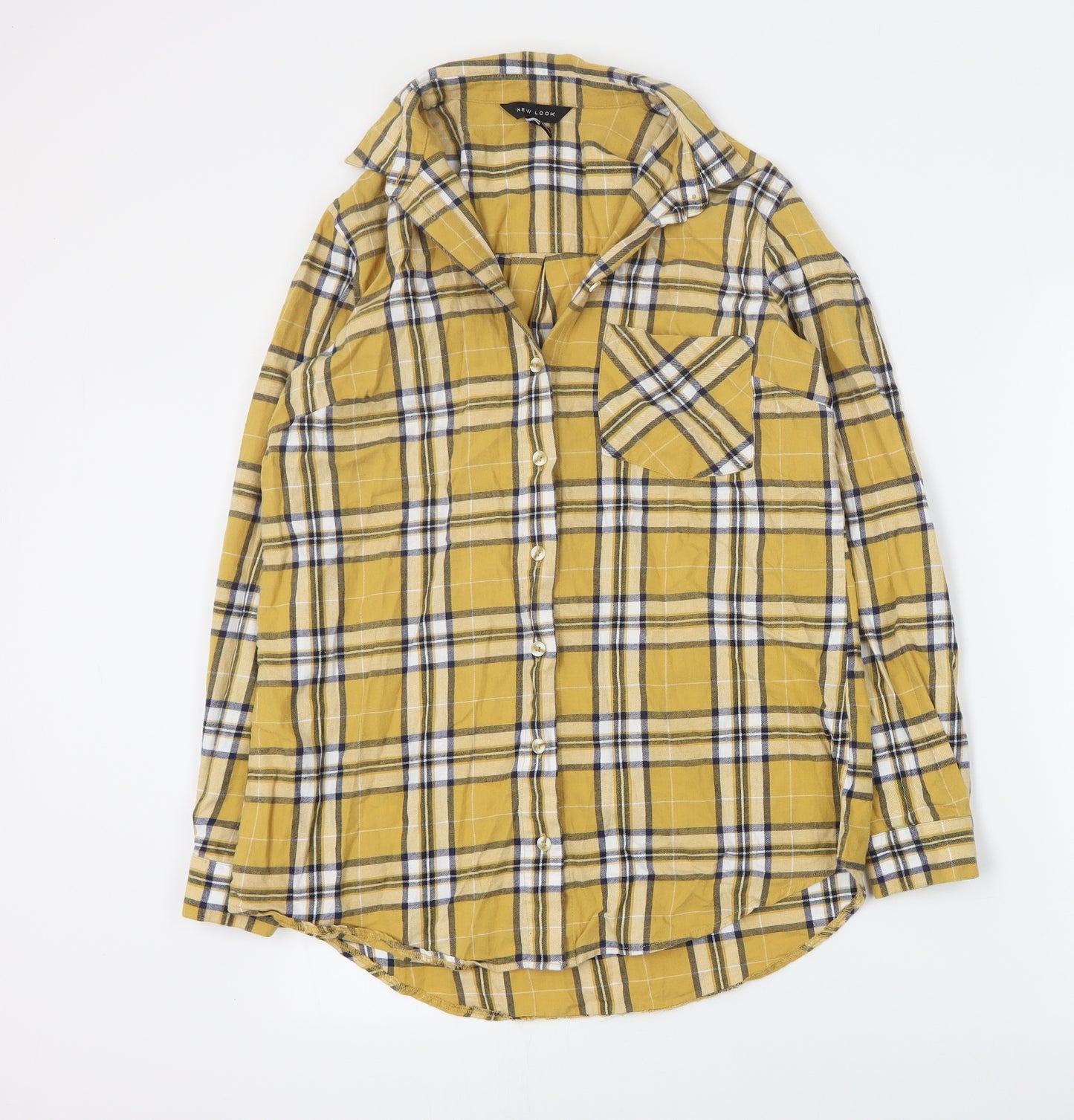 New Look Womens Yellow Plaid Cotton Basic Button-Up Size 10 Collared