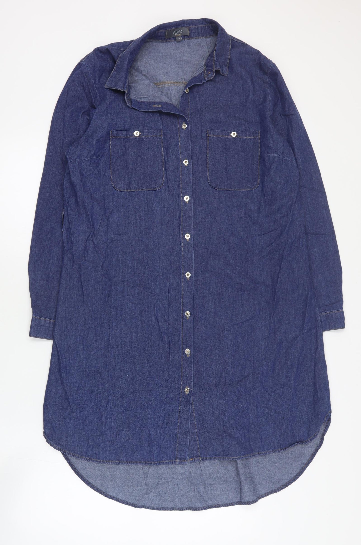 Studio Womens Blue  Cotton Shirt Dress  Size 14  Collared Button