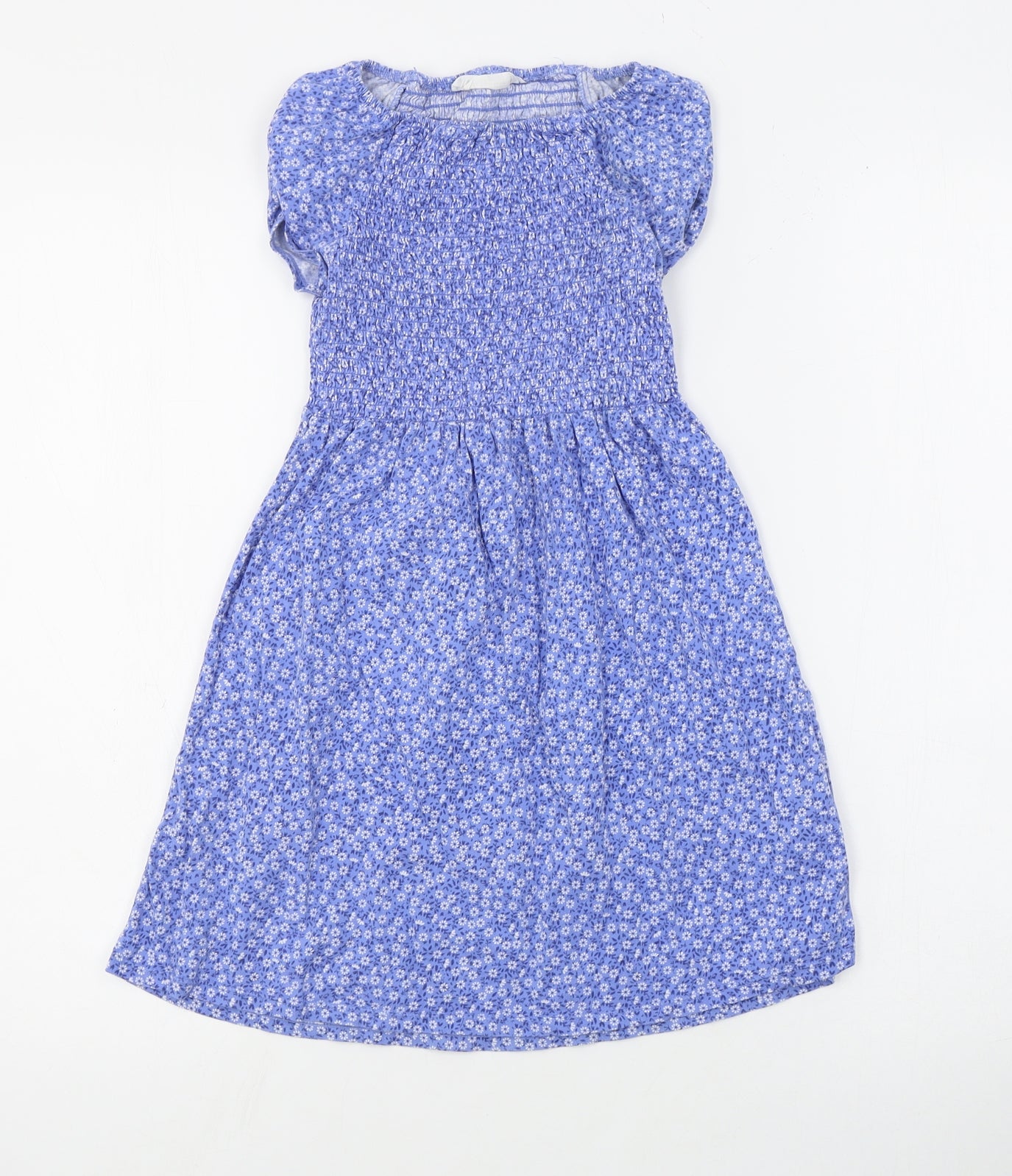 H&M Girls Blue Floral Cotton T-Shirt Dress  Size 7-8 Years  Round Neck Pullover