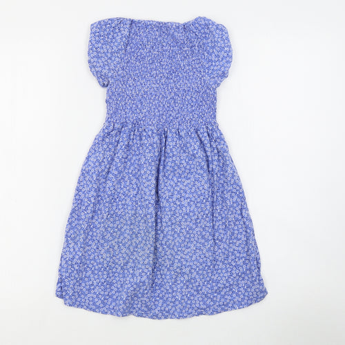 H&M Girls Blue Floral Cotton T-Shirt Dress  Size 7-8 Years  Round Neck Pullover